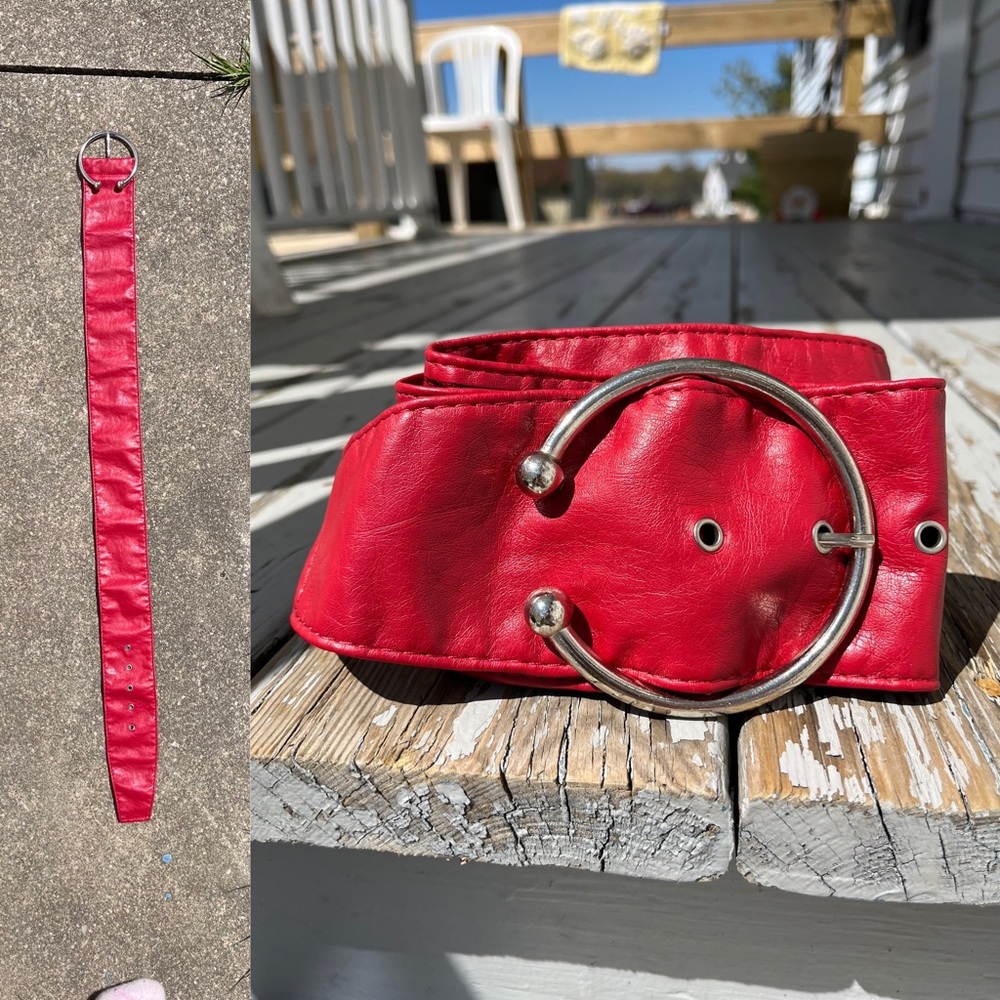 Vintage 90’s Red Leather Belt with Silver Hardware     Size S/M